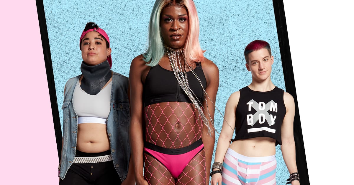 Three models wearing TomboyX Trans Pride Line Products