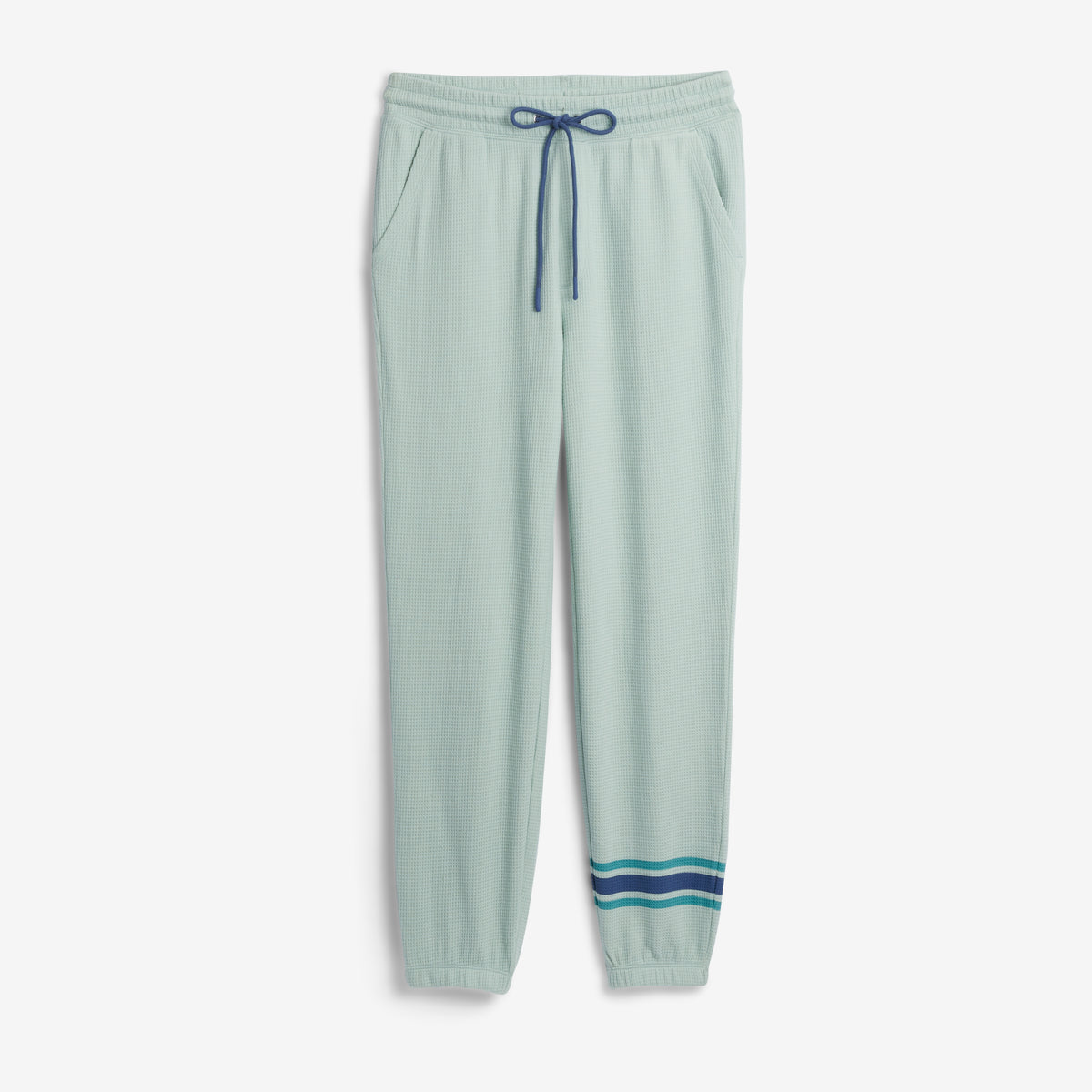 A pair of light green jogger pants with a blue drawstring and striped accents near the ankles.