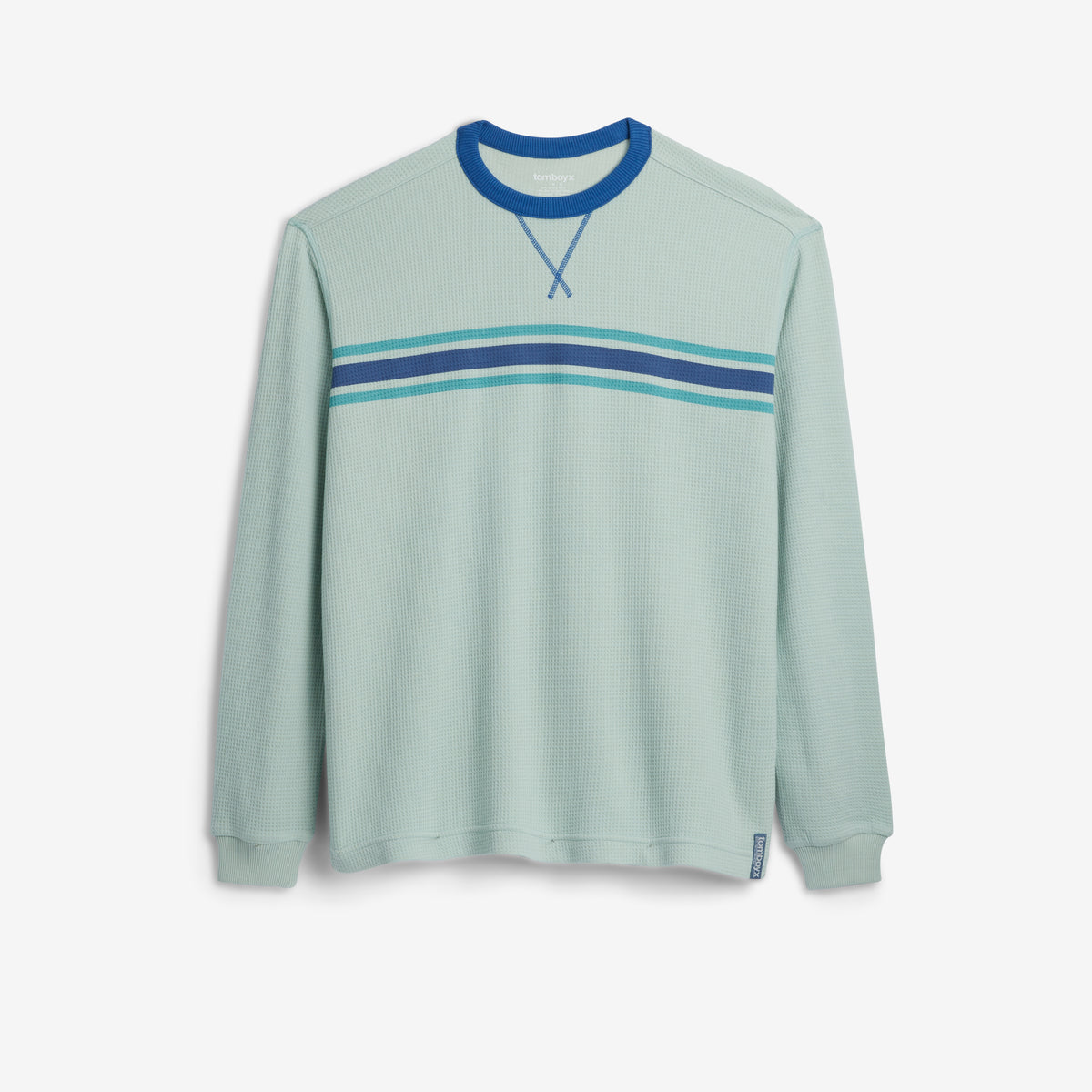 A light aqua long-sleeve crewneck modal cloud waffle shirt with a blue and teal horizontal stripe pattern across the chest.