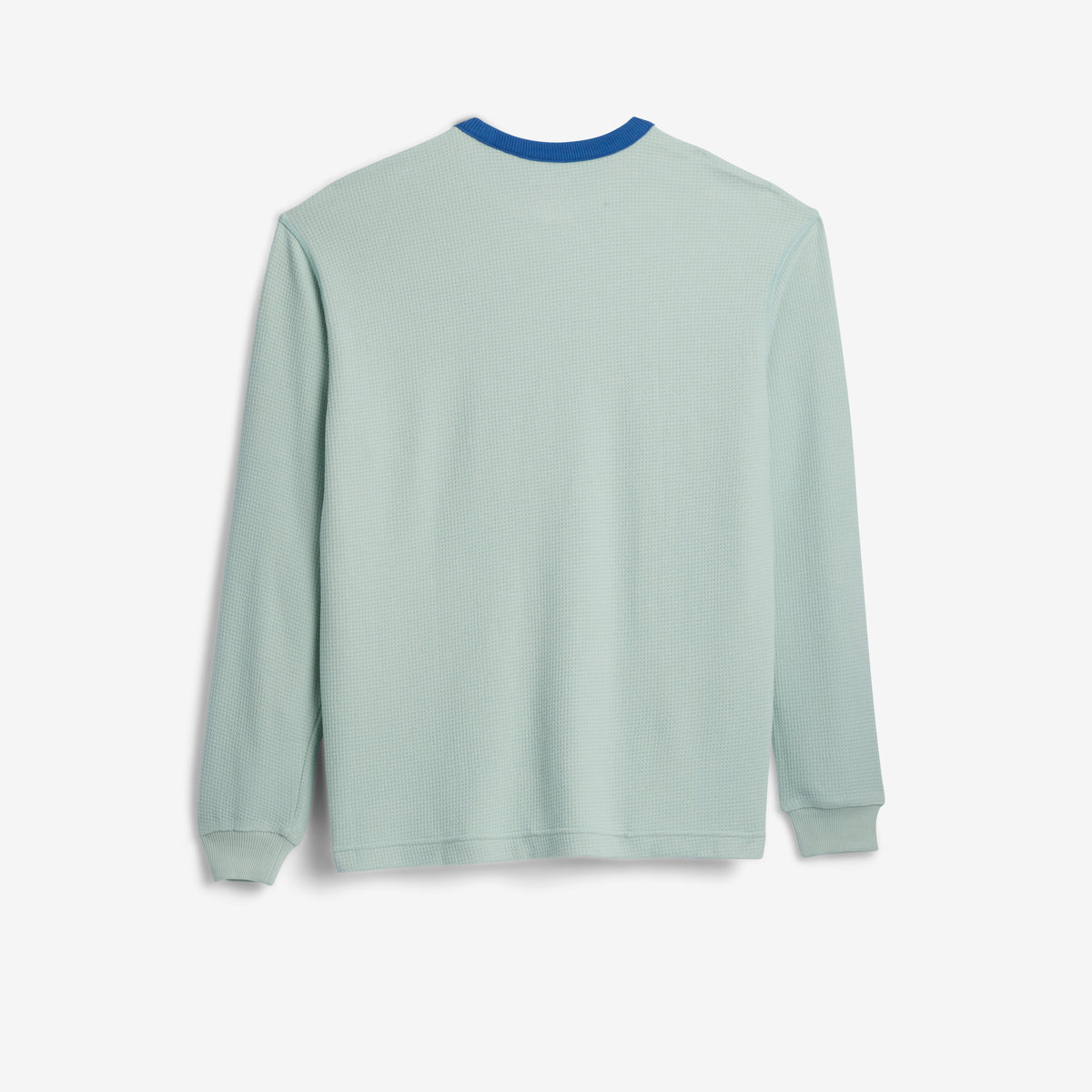 The back of a light aqua long-sleeve crewneck modal cloud waffle shirt.