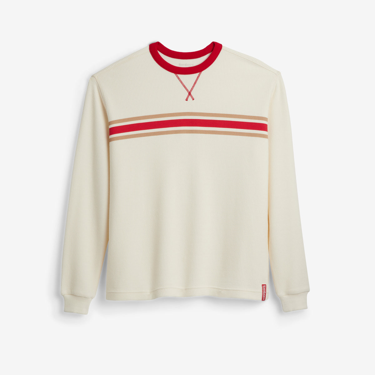 An off-white long-sleeve crewneck sweatshirt with a red collar and a red and beige horizontal stripe across the chest.