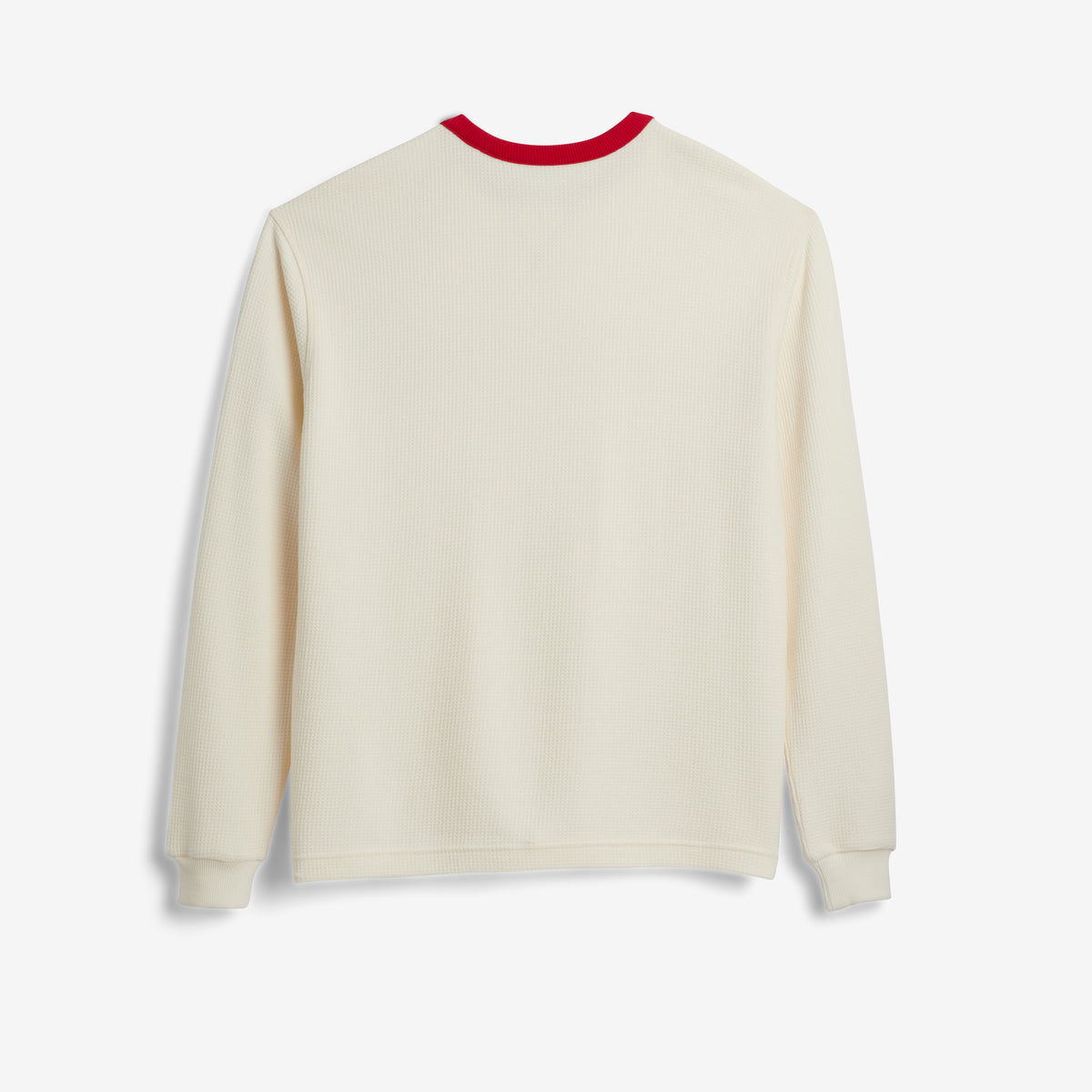 A cream-colored long-sleeve crewneck shown from the back, featuring a contrasting red ribbed collar.