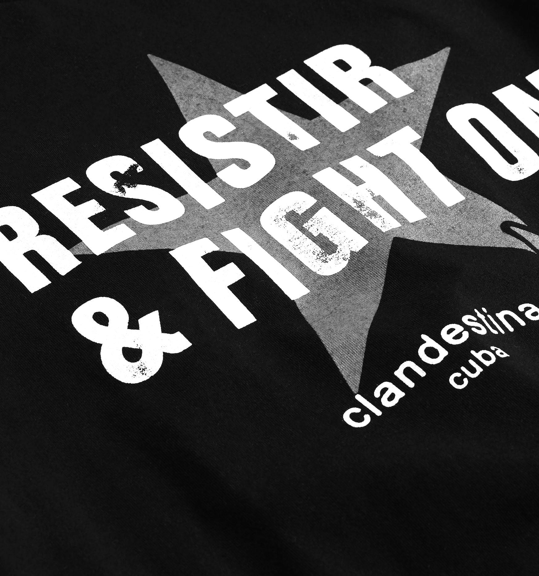 black and white image of the Resistir and Fight on Clandestina collaboration shirt.