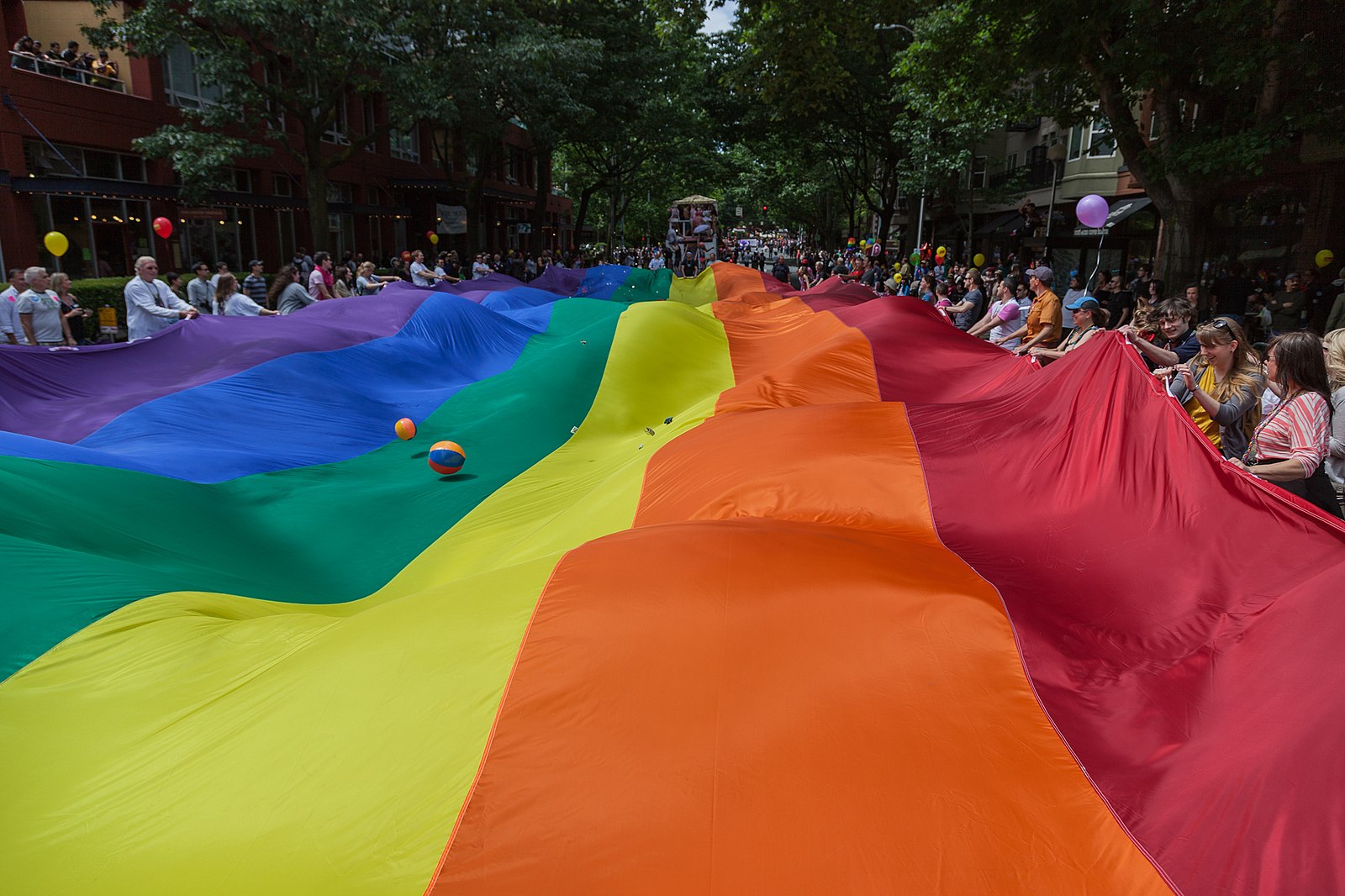People standing on either side of a tree-lined street hold up a giant rainbow Pride flag that fills the whole street