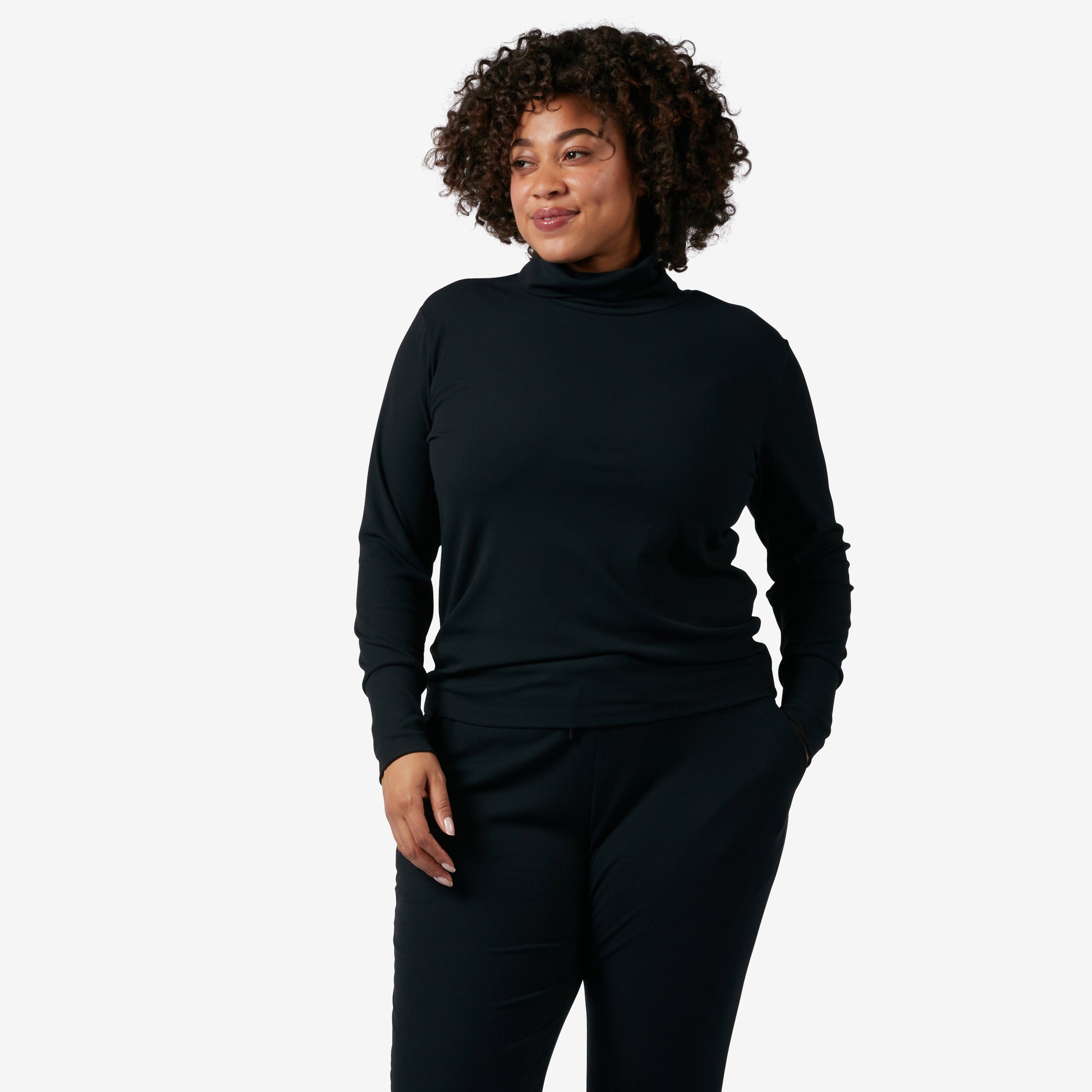 Bamboo Rib Long Sleeve Turtleneck - Black