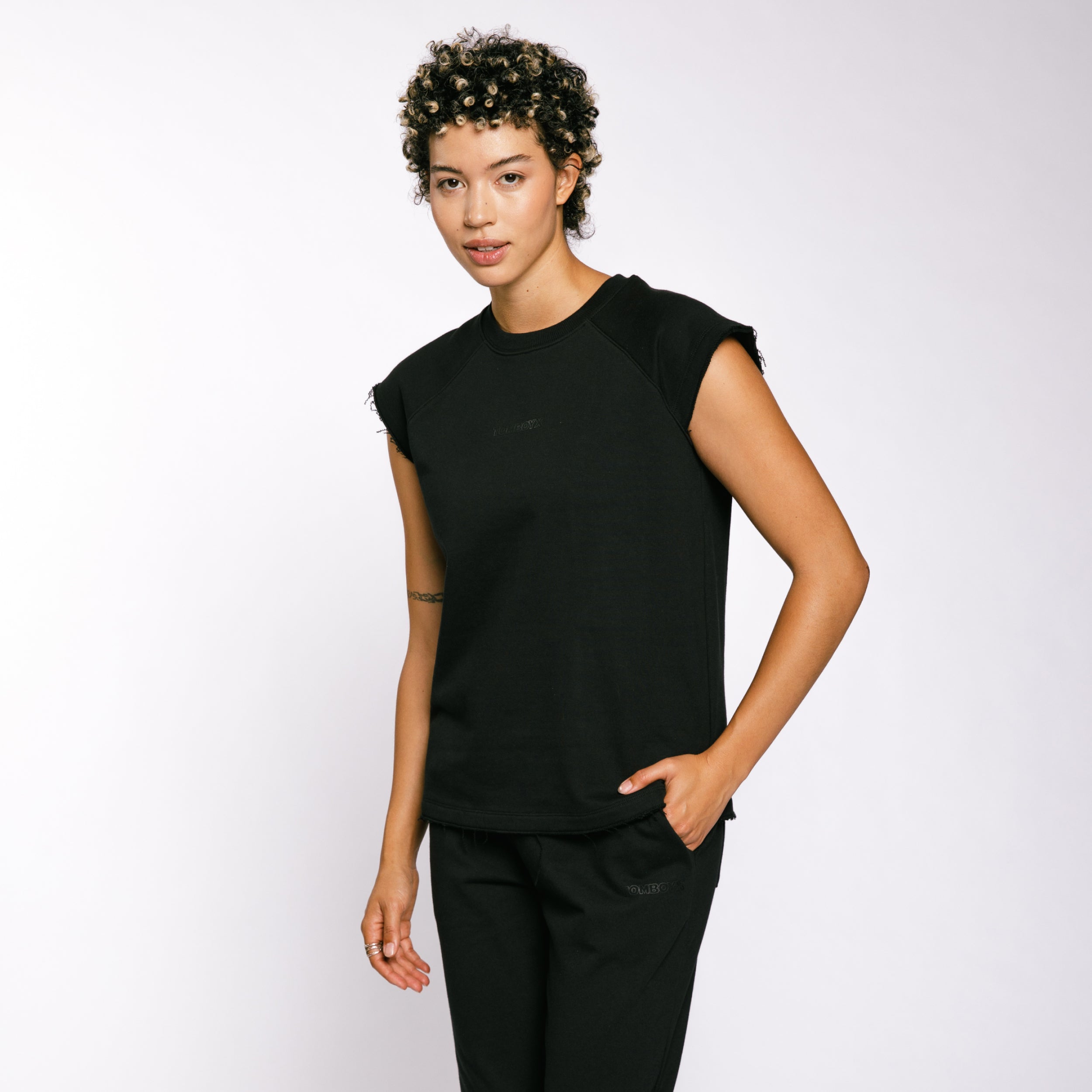 French Terry Cut Off Crew - Black