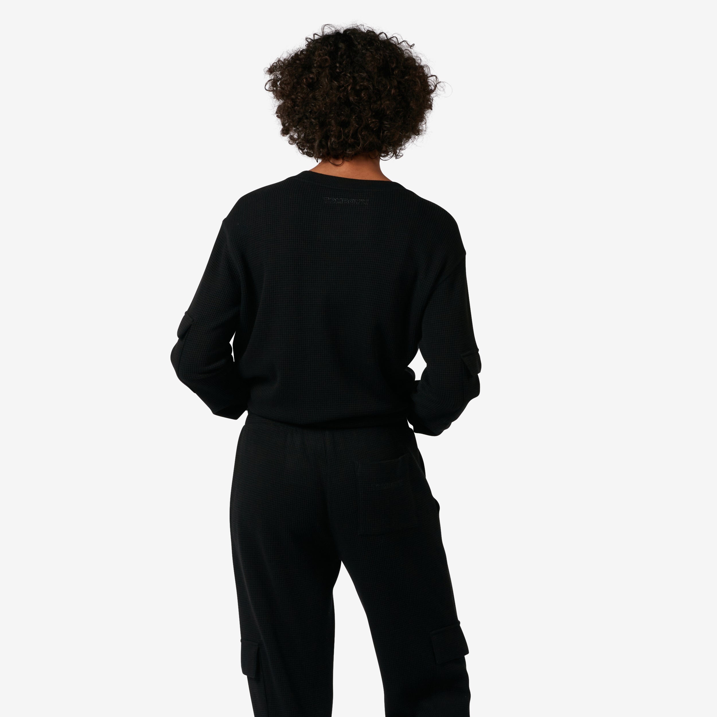 Modal Cloud Waffle Long Sleeve Cargo Crew - Black Beauty