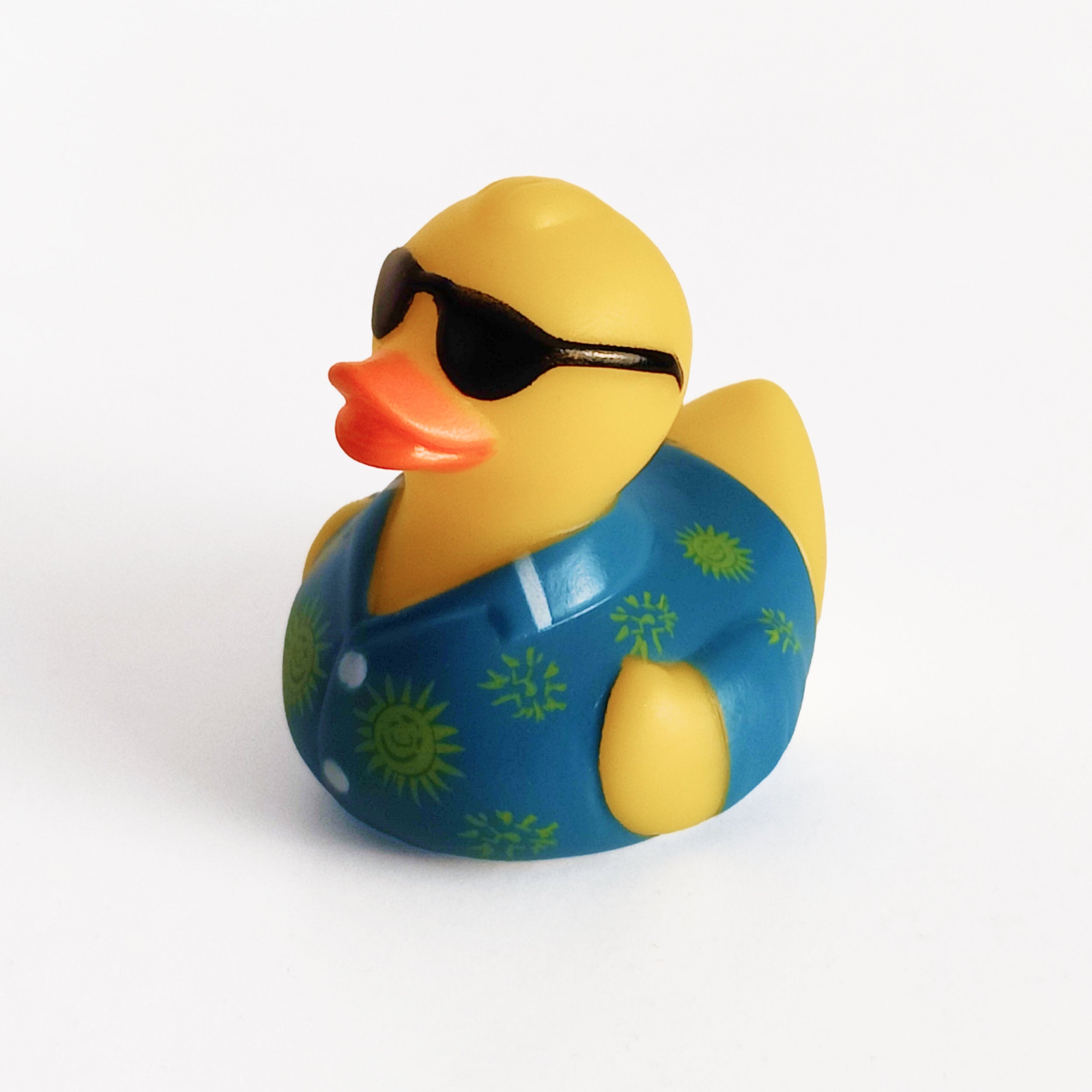 Yellow rubber duck in a cabana shirt