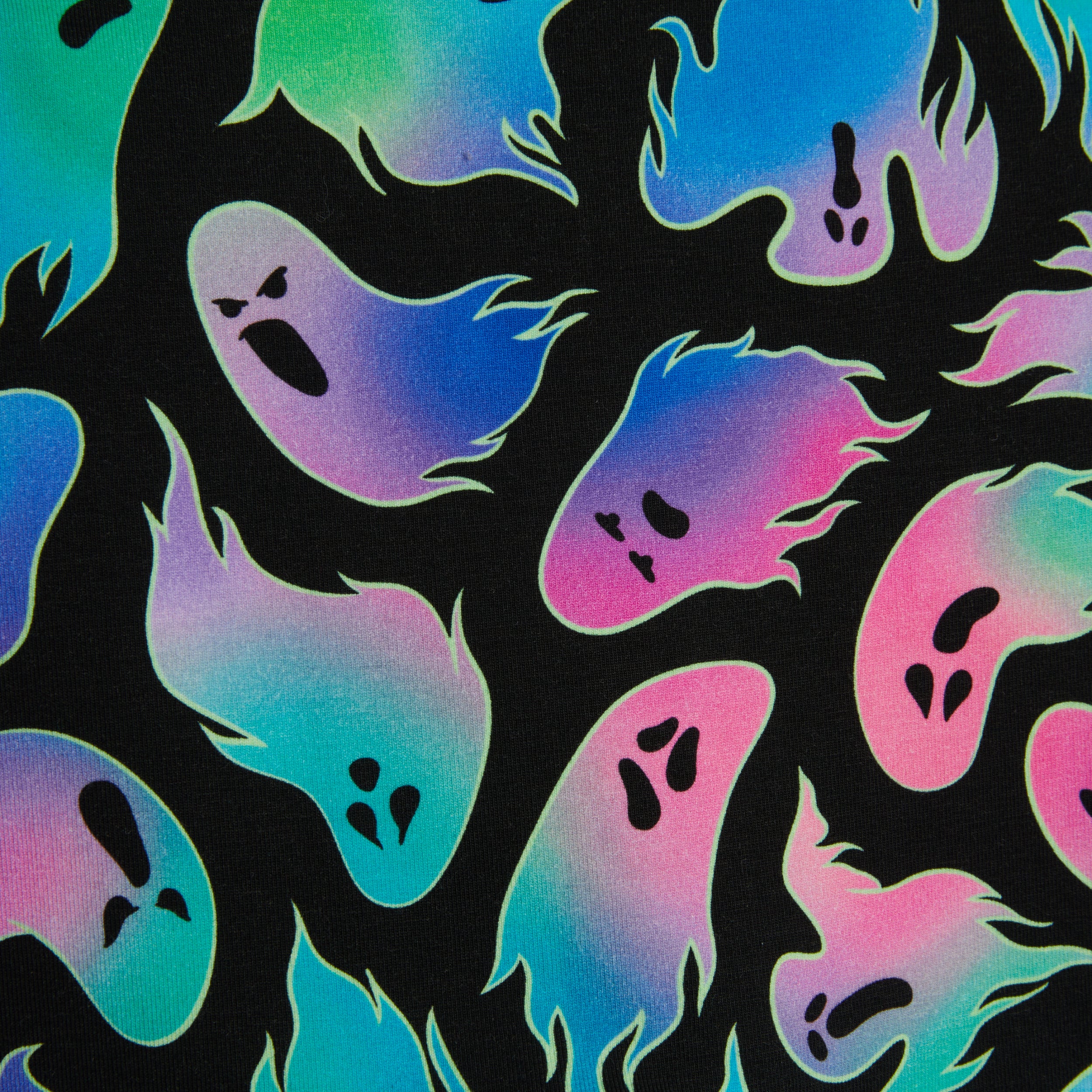 A close-up of a patterned fabric featuring colorful, ghost-like shapes with faces in shades of pink, purple, blue, and green on a black background.