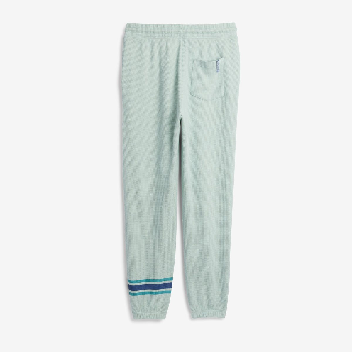 A pair of light green jogger pants with a blue drawstring and striped accents near the ankles and a back pocket.