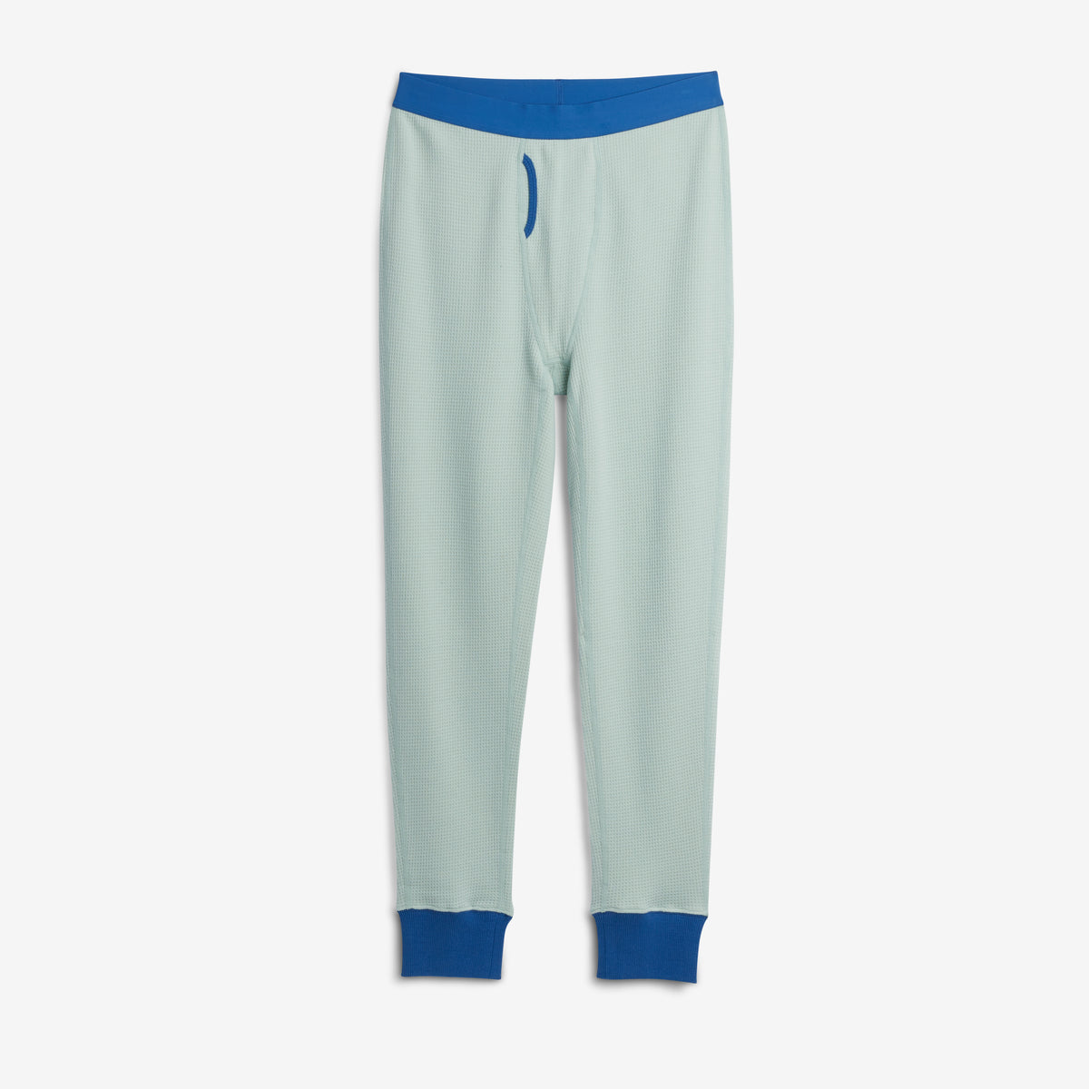 Light aqua modal cloud waffle pants with a blue elastic waistband, drawstring, and ribbed ankle cuffs, shown flat on a light gray background.