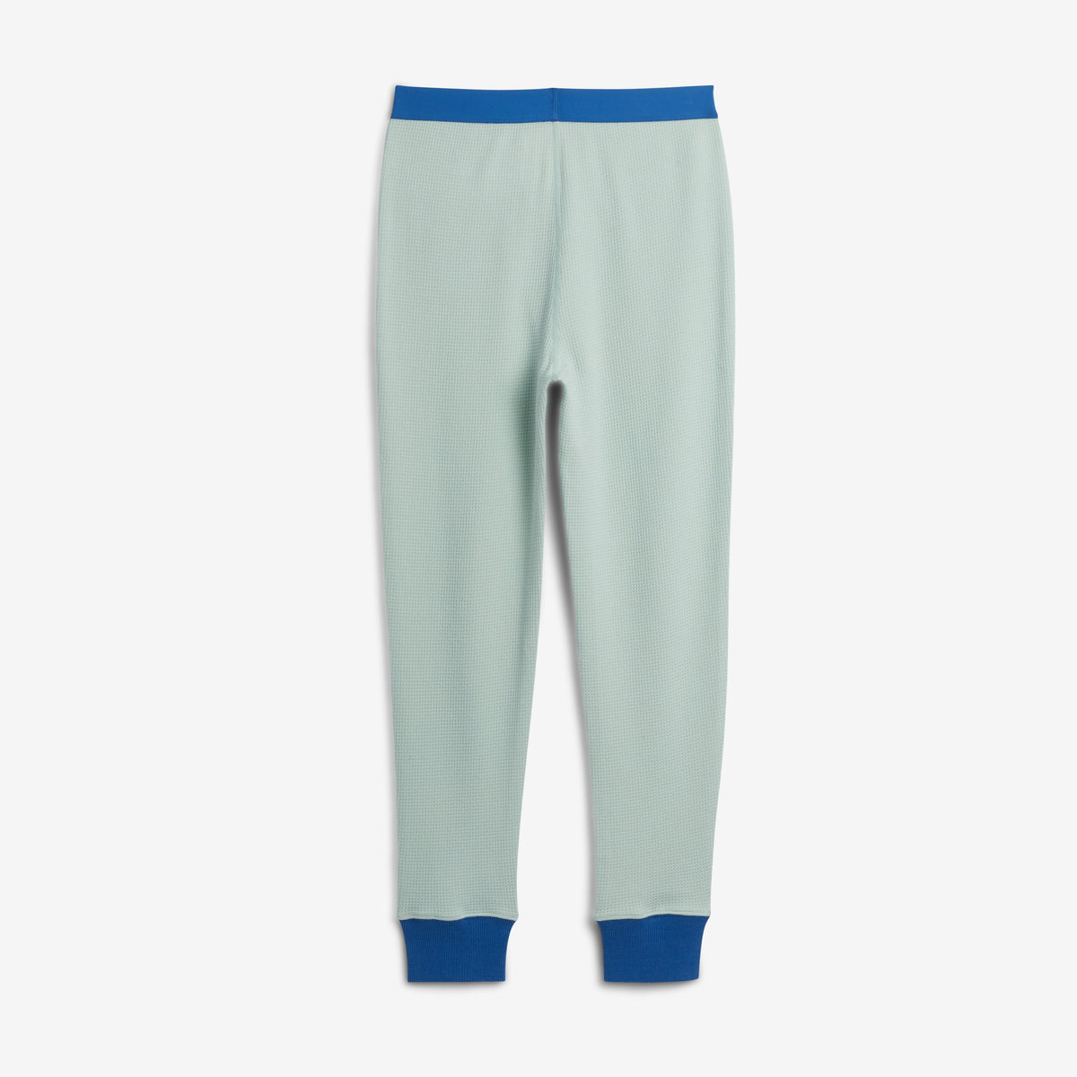 Back of light aqua modal cloud waffle pants with a blue elastic waistband and ribbed ankle cuffs, shown flat on a light gray background.