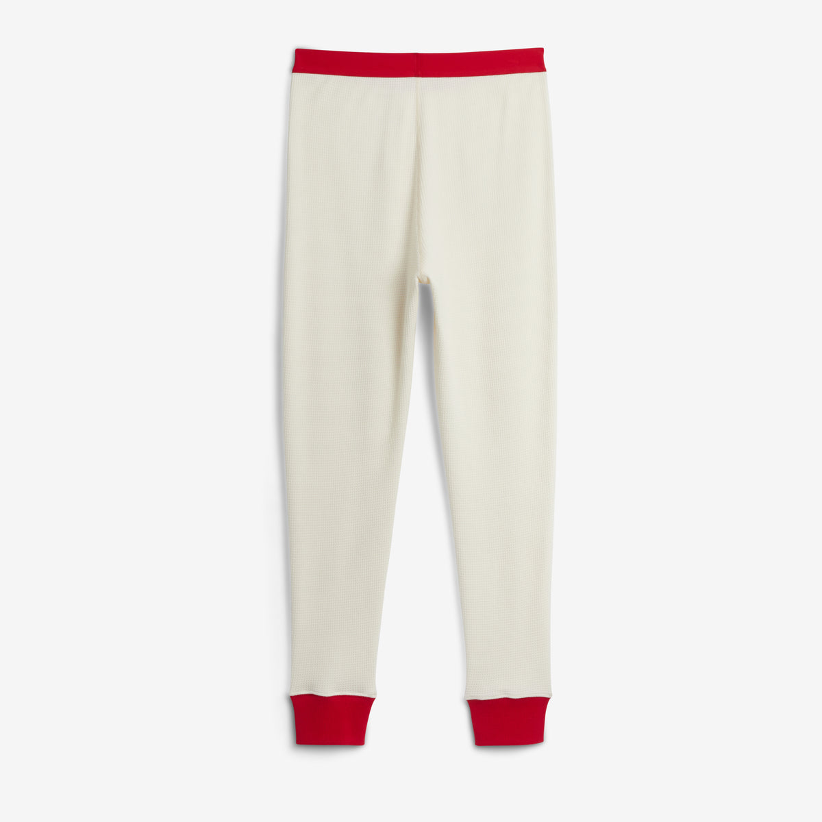 Cream-colored modal cloud waffle long johns with a contrasting red waistband and red ribbed cuffs, shown flat against a light gray background.