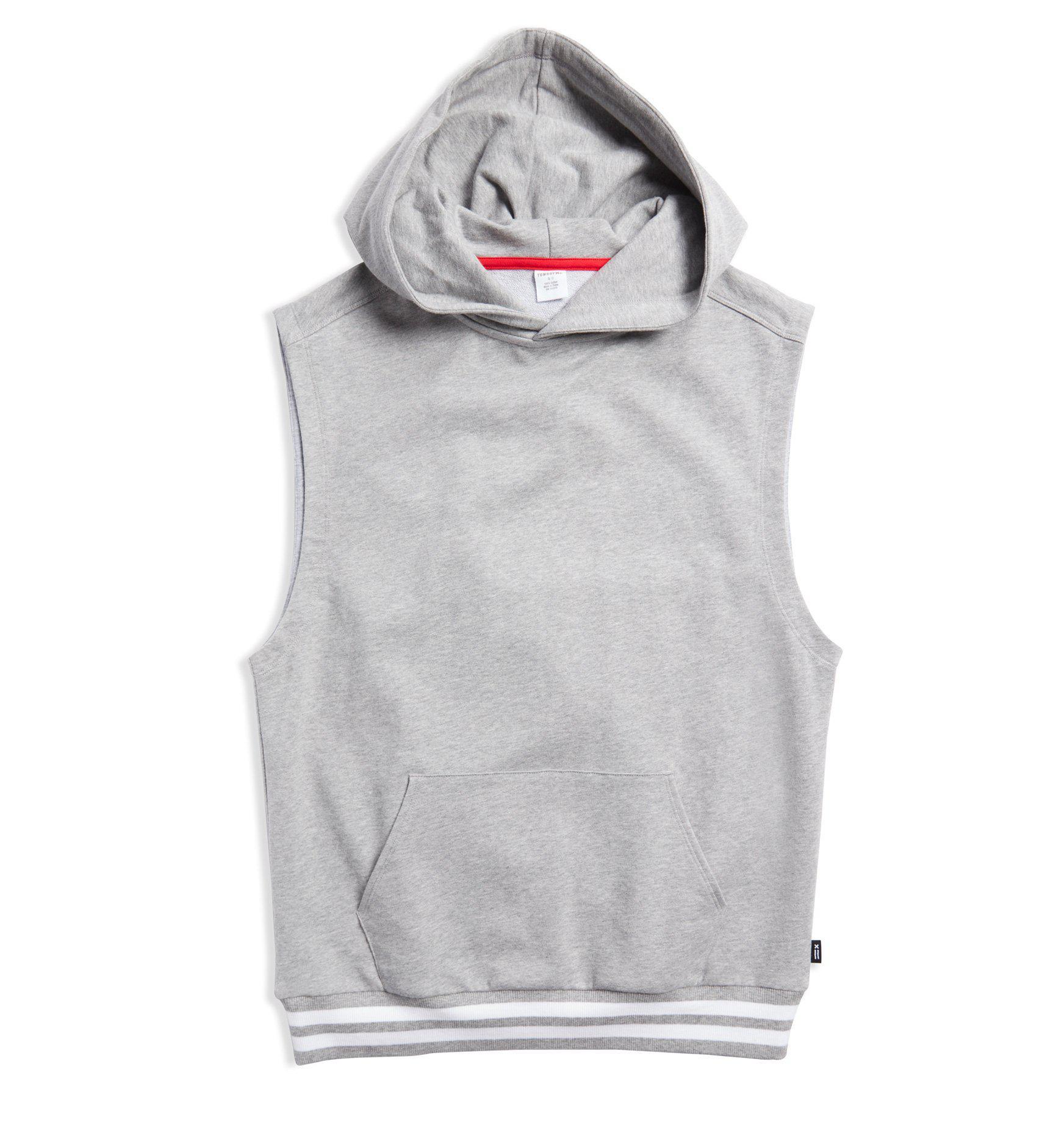 French Terry Sleeveless Hoodie - Heather Grey with Striped Rib-Loungewear-TomboyX