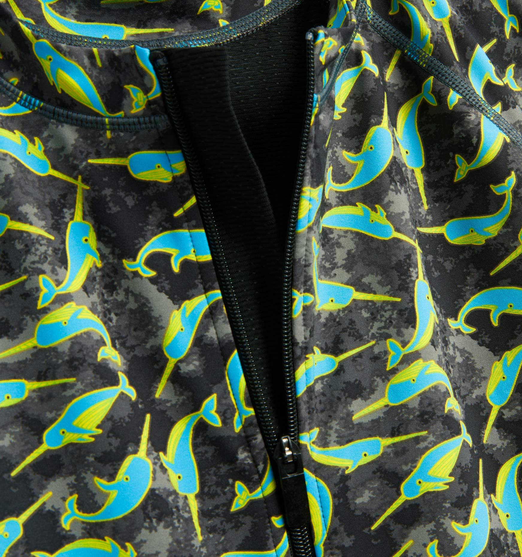 Close-up of Swim 6" Unisuit Neon Narwhal Print